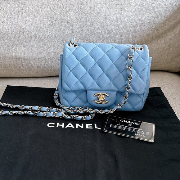 98% NEW CHANEL LAMB SKIN BABY BLUE SQUARE FLAP BAG - Picture 15 of 15